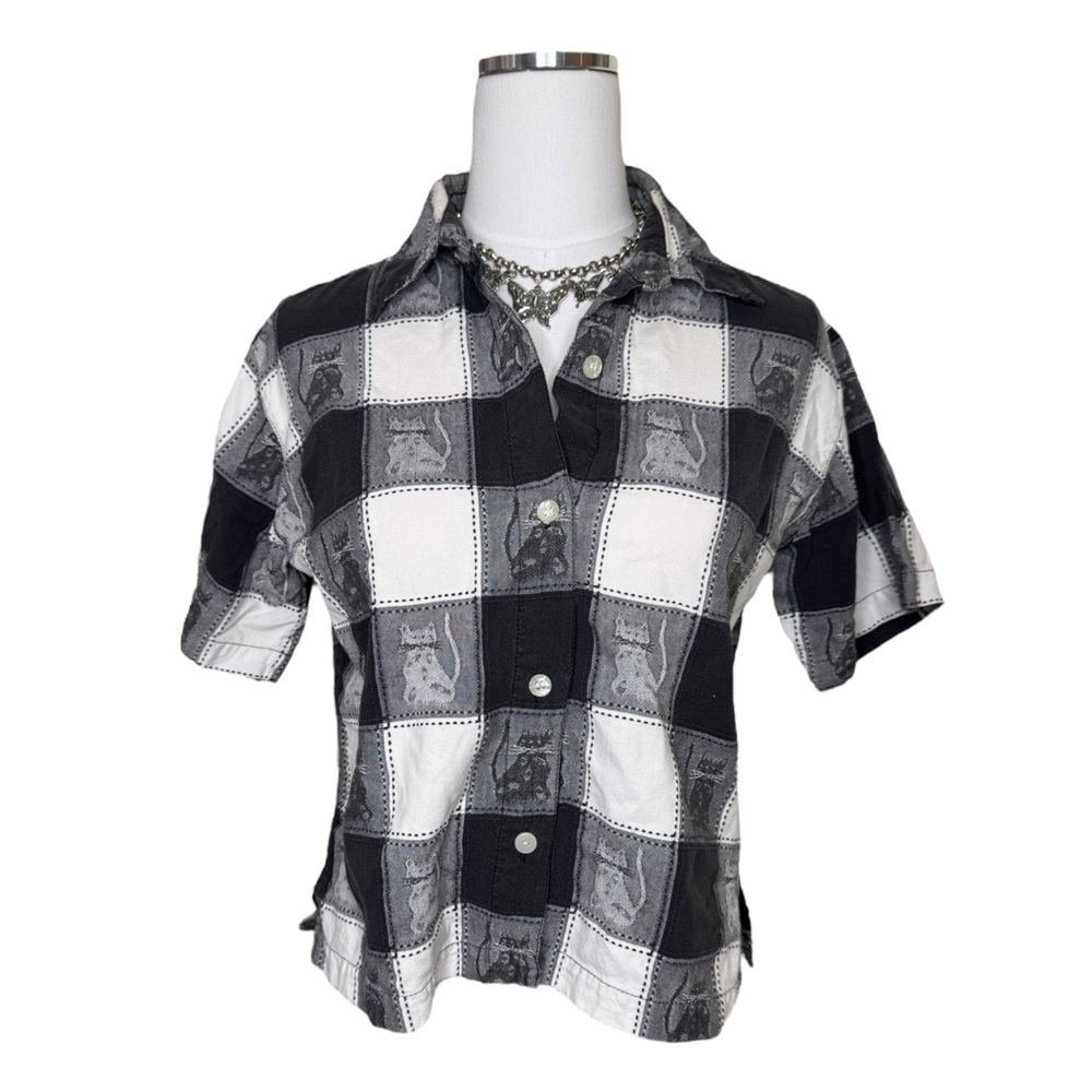 Y2J DressBarn Gingham White + Black Cat Print Button Up Collar Top Size Medium
